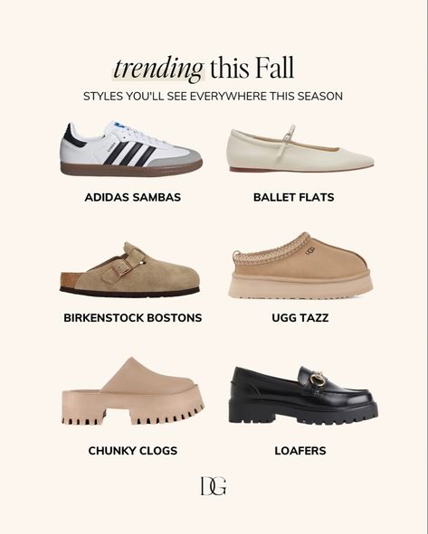 Trending shoe styles for the 2023 season | Adidas samba, ballet flats, birkenstock clogs, ugg tazz, chunky clogs, chunky loafers, loafers Loafers 2023 Trend, Trend Shoes 2023-2024, Fall Footwear 2023, Autumn Shoes 2023, Shoes Trends 2023 2024, Chunky Clogs Outfit, Fall 2023 Shoe Trends, Shoes Fall 2024, Trending Shoes 2024