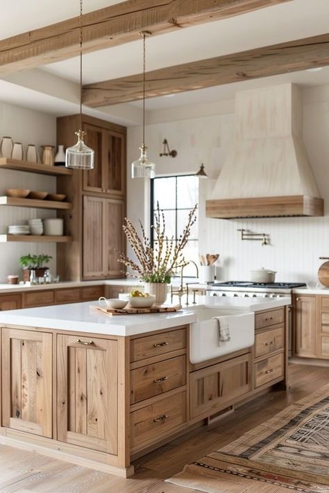 Get inspired by rustic farmhouse kitchen decor ideas that are perfect for open kitchens, blending rustic and modern elements seamlessly. 🏡✨ Interior Design Farmhouse Rustic, Cozy Kitchen Interior, Rustic Modern Kitchen Cabinets, Kitchen Design Modern Farmhouse, Ranch Farmhouse Decor, Modern Cottage Kitchen Ideas, Barn Kitchen Farmhouse Style, Ranch Style Kitchen Ideas, Farmhouse Kitchen Cabinet Ideas