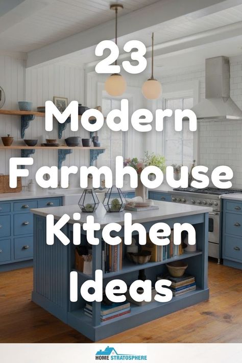 A farmhouse kitchen with light blue cabinets, open shelving, and wooden countertops to combine modern design with rustic charm. Kitchen Remodel Farmhouse Modern, Modern Farmhouse Kitchen Remodel Ideas, Kitchen Design Functional, Kitchen Remodel Country Farmhouse Style, Modern Farmhouse Kitchen Island Ideas, Shiplap In Kitchen Farmhouse Style, Country Modern Kitchen Farmhouse Style, Country Kitchen Modern, Country House Kitchen Ideas