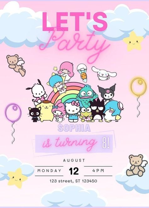 Sanrio Birthday Invitation, Sanrio Invitation, Hello Kitty Invitation Card, Hello Kitty Birthday Invitations, Sanrio Party, Kitty Cookies, Hello Kitty Invitations, Hello Kitty Theme Party, Bad Kitty