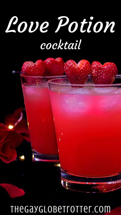 This love potion cocktail is a deliciously sweet drink that is the perfect Valentines Day drink. Serve these alcoholic drinks with some strawberry hearts for the perfect drink! #gayglobetrotter #lovepotion #lovepotiondrink #lovepotioncocktail #lovecocktail #valentinesday via @gayglobetrotter Simple Valentines Day Cocktails, Alcoholic Valentines Drinks, Valentines Day Punch Alcohol, Nursing Themed Alcoholic Drinks, Valentine Cocktails Easy, Valentines Day Margarita, Valentine Drinks Alcoholic Tequila, Bar Drink Specials Ideas, Valentines Batch Cocktail