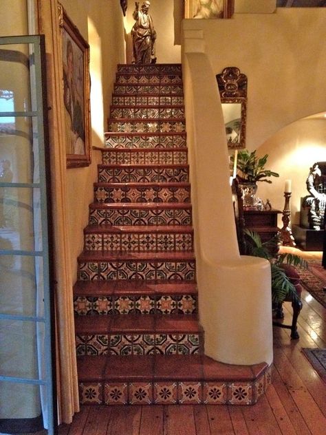 The terra cotta and painted tiles stairway Mexican Tile Stairs, Tiled Staircase, Tile Steps, Tile Stairs, Mexican Home, Stair Case, Spanish Style Home, Casas Coloniales, Mexican Tile