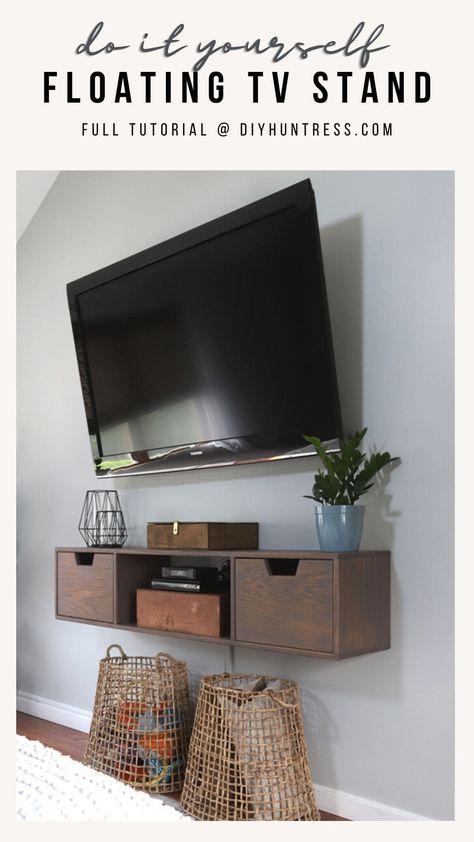 DIY Floating TV Stand - DIY Huntress Under Floating Tv Stand Decor, Diy Floating Tv Stand, Floating Tv Stand Ideas, Floating Shelves Tv Wall, Floating Shelf Plans, Shelf Under Tv, Floating Shelf Under Tv, Texas Apartment, Diy Huntress