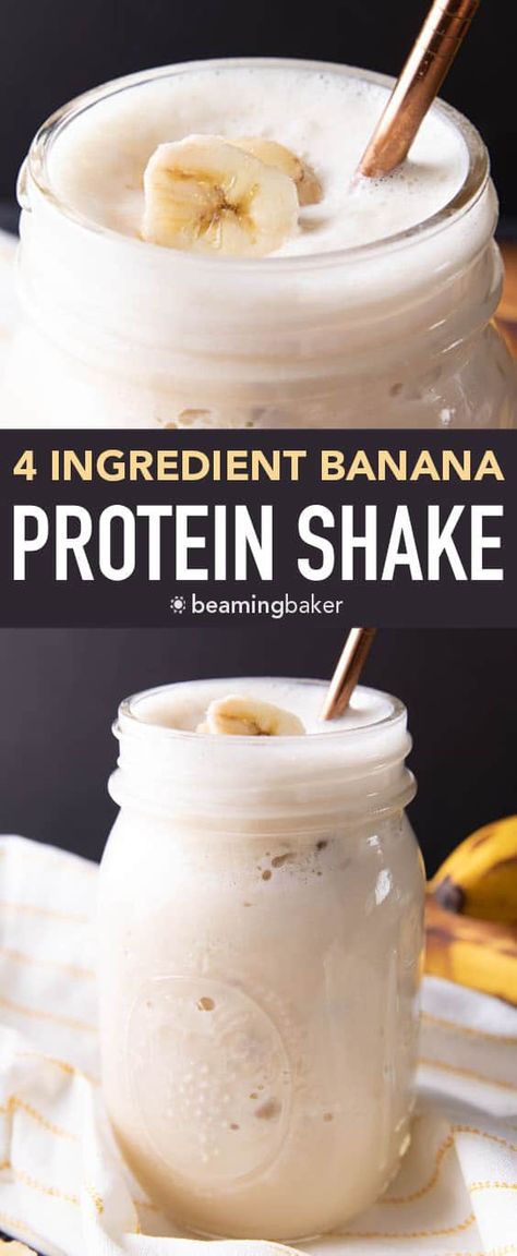 Banana Protein Shake – 4 ingredients! - Beaming Baker Fruit Protein Shakes, Protein Shakes For Kids, Beaming Baker, Protein Shake Ingredients, Protein Drink Recipes, Banana Protein Shake, Protein Shake Recipe, Protein Powder Smoothie, Banana Protein Smoothie