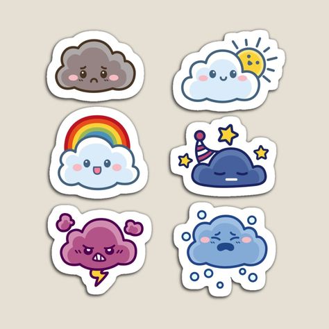 Cute Cloud Stickers, Cloud Cute Drawing, Cute Sticker Design Ideas, Cute Clouds Drawing, Cloud Cartoon Cute, Cute Cloud Illustration, Digital Drawing For Beginners, Weather Drawing, Cloud Character