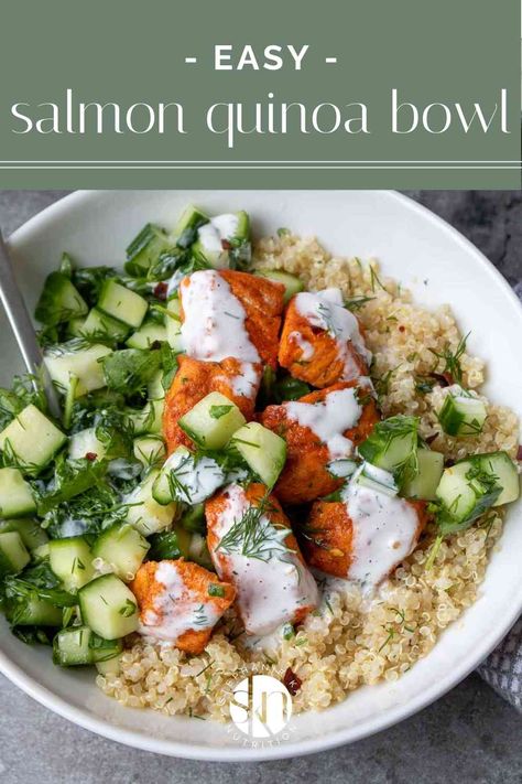 Salmon Quinoa Bowl, Healthy Breakfast Lunch And Dinner, Kay Nutrition, Salmon Quinoa, Quinoa Bowls, Salmon Bowl, Creamy Dressing, Healthy Salmon, Quinoa Bowl