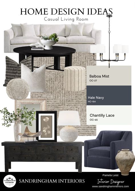 Design Inspiration and Home Decor Ideas for a Casual Living Room in black, blue and neutral tones. Blue Cream And Black Living Room, Style A Grey Sofa, Black White Brown Blue Living Room, Blue Black Neutral Living Room, Blue Beige Black Living Room, Grey And Blue Interior Design, Organic Modern Decor Blue, Navy Blue And Beige Living Room Decor, Navy And Neutral Living Room