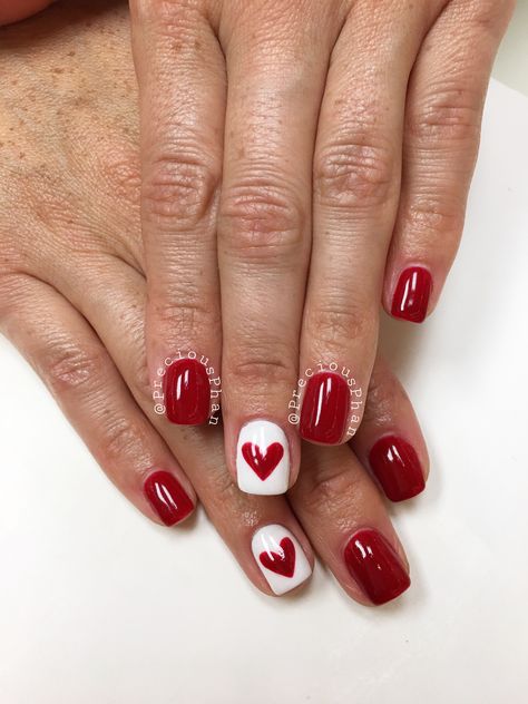 Red and white nails. Valentine's Day nails. Heart nails. #PreciousPhan Red And White Valentines Nails, Red And White Valentines Day Nails, Valentine Nails Designs Gel, Red Nails White Heart, Valentines Day Nails Dip Powder, Valentines Day Dip Nails, Valentines Day Nails Red, Camp Nails, Nails Red And White