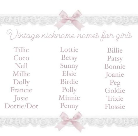 Stuffie Name Ideas, Y2k Nicknames, Latina Last Names, Flower Nicknames, Coquette Names Girl, Coquette Pet Names, Kawaii Nicknames, Nickname Ideas Girl, Coquette Baby Names