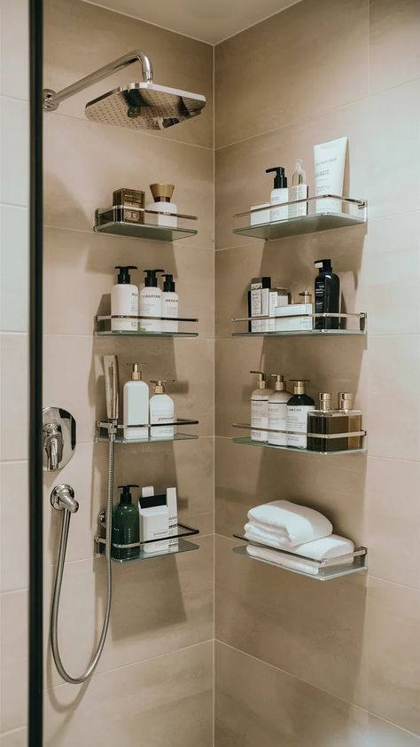 15 Clever Shower Storage Ideas – The DIY Desire Where To Hang Shower Shelves, Luxury Shower Storage, Bath Shower Shelf, Unique Shower Storage, Master Shower Storage Ideas, Bathroom Shelves In Shower Area, Shared Shower Organization, Tiny Shower Storage, Bathroom Holder Ideas