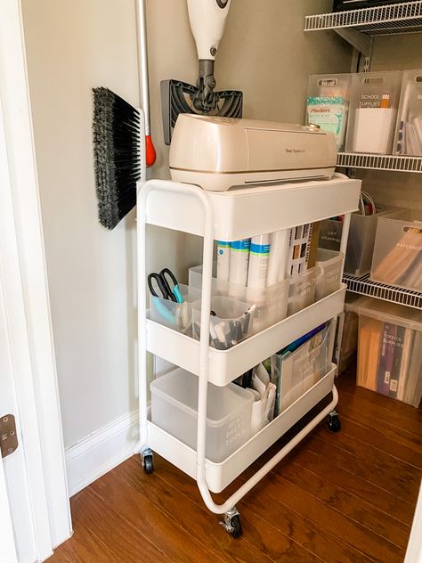 Cricut Station Storage Ideas, Cricut Station, Rolling Craft Cart, Cricut Cart, Cricut Storage, Ikea Cart, Small Sewing Rooms, Calm Home, Organized House