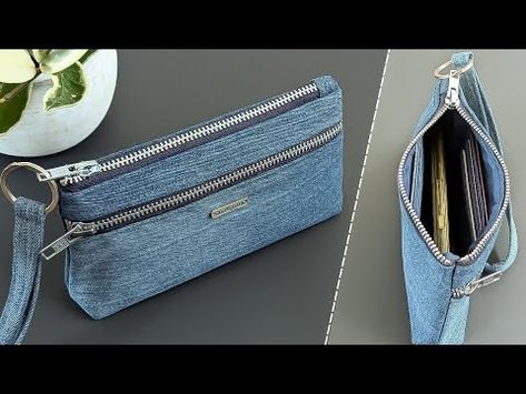 DIY Casual Denim Wristlet Clutch Wallet With 6 Card Slots Out of Old Jeans | Upcycled Craft - YouTube Denim Clutch Diy, Denim Purse Diy, Diy Purse Tutorial, Old Jeans Diy, Diy Pouch Bag, Diy Clutch Purse, Wristlet Patterns, Denim Clutch Bags, Denim Wristlet