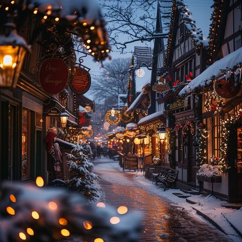 Santa 603 | The streets of town come to life at Christmas with lights and gifts and smells of cocoa and cookies and pine... #christmas | Instagram Snow Places Travel, Cute Christmas Towns, England Christmas Aesthetic, Christmas Cottage Aesthetic, Winter Town Aesthetic, Cute Christmas Pics, Christmas Town Aesthetic, Scotland Christmas, Christmas Towns