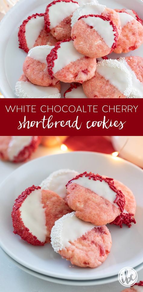 White Chocolate Cherry Shortbread Cookies #shortbread #cookie #whitechocolate #cherry #christmas #holiday #recipe White Chocolate Cherry Cookies, Cherry Shortbread Cookies, Cherry Shortbread, Chocolate Dipped Cherries, Cracked Cookies, Cherry Christmas, Cookies Shortbread, White Chocolate Cherry, Chocolate Christmas Cookies