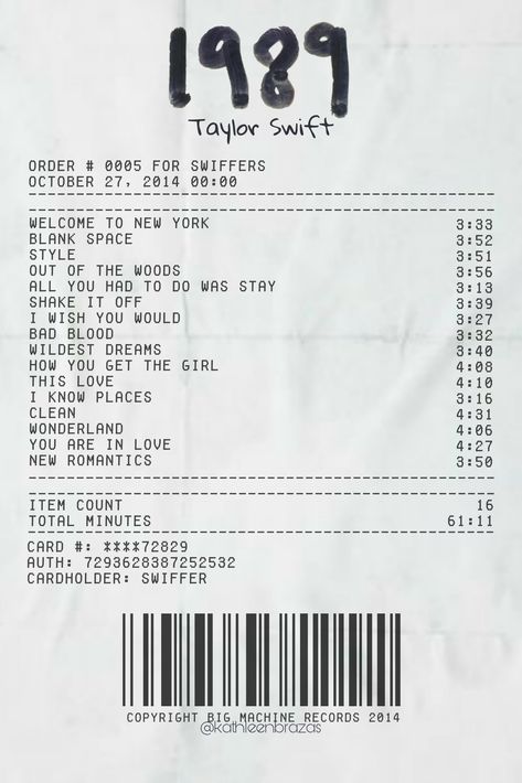 1989, taylor swift, album receipt Taylor Swift 1989 Tv Aesthetic, Taylor Swift Eras Receipt, Reputation Taylor Swift Receipt, 1989 Songs Taylor Swift, Taylor Swift Albums And Songs, 1989 Album Poster, Taylor Swift Albums As Receipts, Taylor Swift Red Receipt, Lover Taylor Swift Receipt