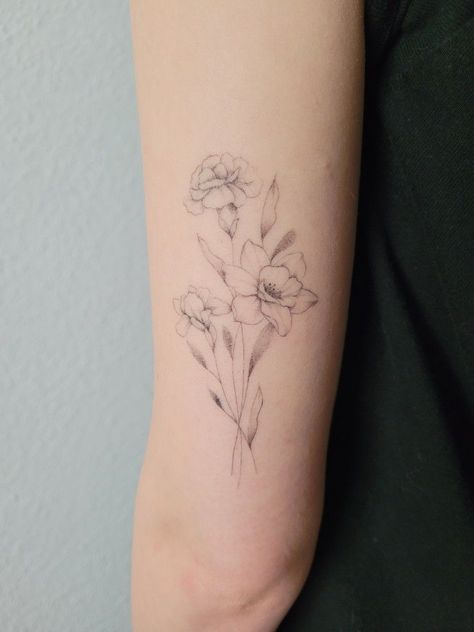 Iris Flower Bouquet Tattoo, Daffodil Carnation Tattoo, Rose Carnation Daffodil Tattoo, Daffodil And Iris Tattoo, Iris And Daffodil Tattoo, Dafodill Flower Tattoo, Daffodil And Carnation Tattoo, Iris And Rose Tattoo, Fine Line Floral Bouquet Tattoo