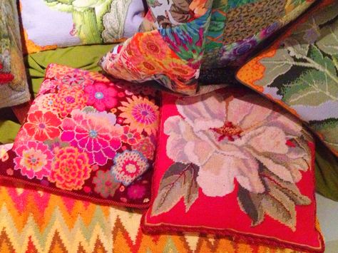 Stunning needlepoint a la Kaffe Fassett Bohemian Cabin, Kaffe Fassett Needlepoint, Dog Pillows, Kaffe Fassett Quilts, Kaffe Fassett Fabric, Tapestry Kits, Needlepoint Stitches, Textile Fiber Art, Colorful Quilts