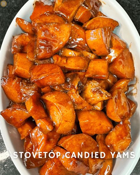 These Stovetop Candied Yams are easy and delicious. They take less than an hour to cook, making them perfect for holidays or weeknights! #candiedyams #sweetpotatoes #thanksgiving #sidedishes #soulfood #deepfriedhoney Can Yams Recipe Easy, Can Yams Recipe, Stove Top Candied Yams, Candied Yams Easy, Southern Candied Yams, Baked Candied Yams, Candied Sweet Potato Recipes, Sweet Potato Varieties, Candied Yams Recipe