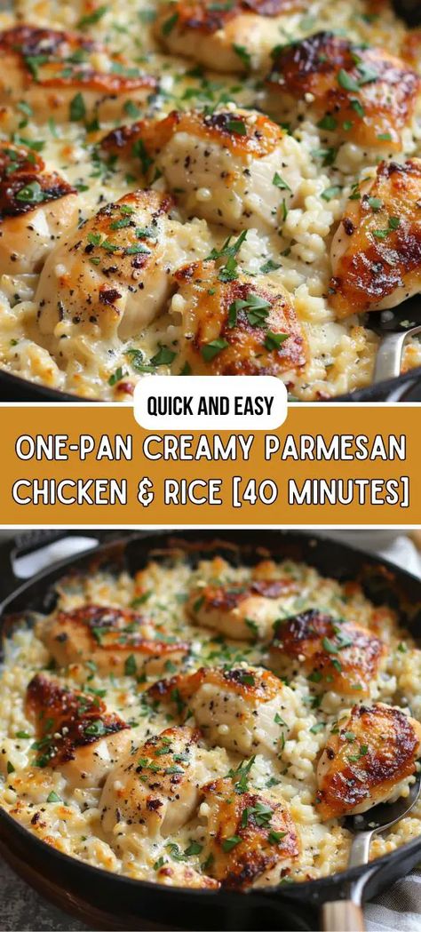 One-Pan Creamy Parmesan Chicken & Rice Cream Of Chicken Rice, Parmesan Chicken Rice, Parmesan Chicken And Rice, Creamy Parmesan Rice, Creamy Parmesan Chicken, Flavorful Rice, Chicken And Rice Dishes, Chicken Rice Recipes, Creamy Chicken And Rice