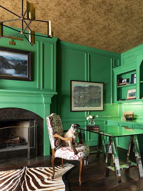 Green Panelling, Erin Gates Design, Blue Boys Bedroom, Nesting Accent Tables, Restful Bedrooms, Houston Interior Designers, Herringbone Wood Floor, Fringe Rugs, Leather Chesterfield Sofa