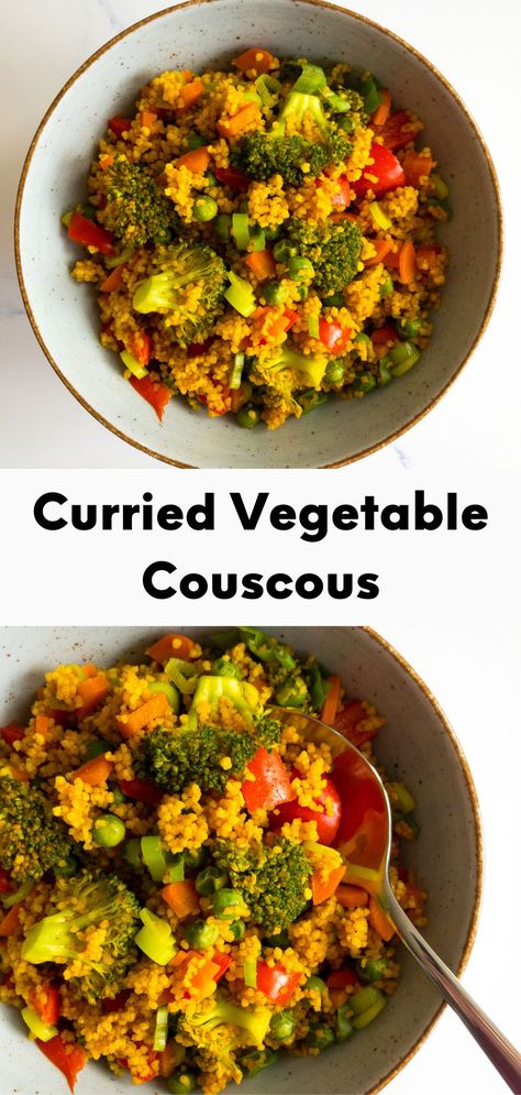 This curried vegetable couscous recipe is perfect for a quick, healthy, and delicious dinner! It is super flavorful, full of nutritious vegetables, and pairs perfectly with a variety of main dishes if served as a side dish. #couscous #healthy #recipe #dinner #easy Vegan Couscous Recipes, Vegetable Couscous Recipes, Couscous Healthy, Curried Couscous, Couscous Dishes, Vegetable Couscous, Couscous Recipe, Vegetarian Recipes Lunch, Healthy Vegetarian Dinner