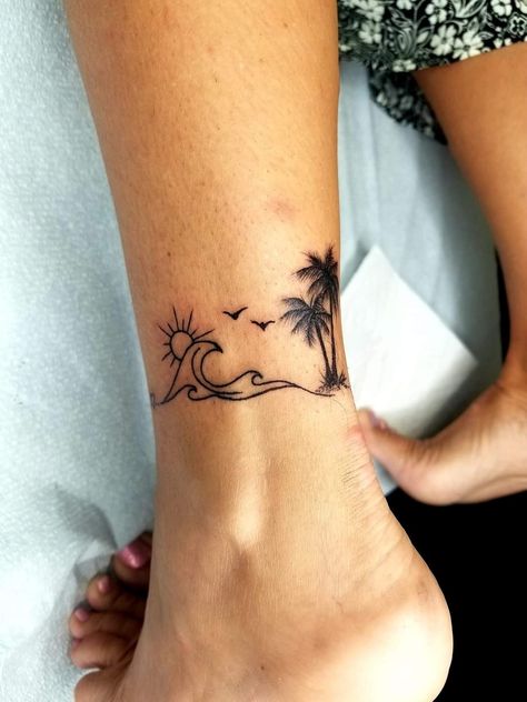 Delicate Hawaiian Tattoo, Mexico Vacation Tattoo Ideas, Ankle Beach Tattoos, Florida Vacation Tattoo Ideas, Tattoos That Mean Healing, Couple Tattoos Beach, Beach Anklet Tattoo, Bahamas Tattoo Ideas, Best Friend Beach Tattoos