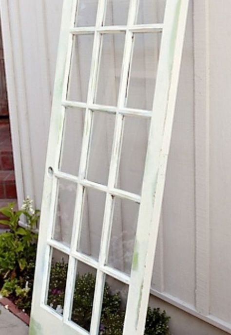 vintage glass pane door headboard French Doors As Headboard, Repurposed French Door Ideas, Vintage Door Headboard Diy, Wood Door Headboard, Glass Panel Door Repurpose, Antique Door Headboard Diy, Glass Door Headboard, 12 Pane Window Ideas, French Door Headboard