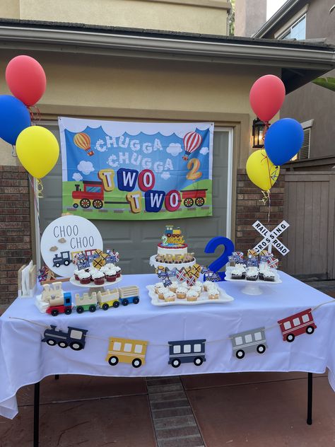 Train sign. Train Birthday Party Decor Ideas. Dessert Table. Kids Birthday Party theme. Chugga Chugga two two. Choo Choo I'm Two. 1st Birthday Boy Train Theme, 2nd Bday Train Theme, Two Choo Party, Choo Choo Two Party, Train Themed Two Year Old Birthday, Choo Choo Train Birthday Party Decorations, Train Two Birthday Party, Choo Choo Im 2 Birthday Party, Choo Choo Look Whos Two 2nd Birthday