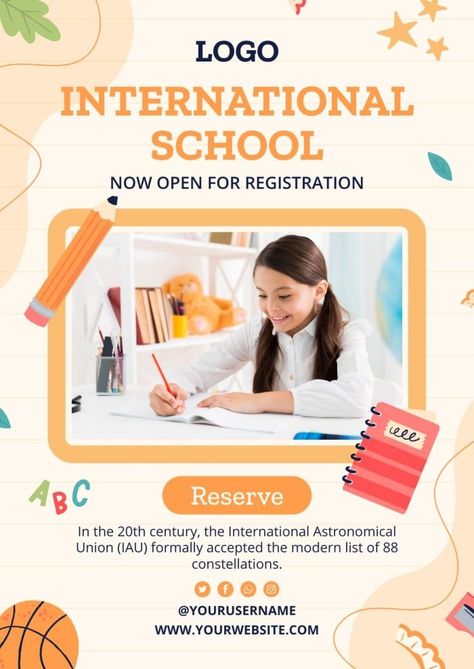 International School Open For Registration Poster Registration Poster, 1 Year Birthday, Birthday Post, School Opening, Birthday Posts, Ceramics Ideas, Poster Layout, Brand Kit, Poster Ideas