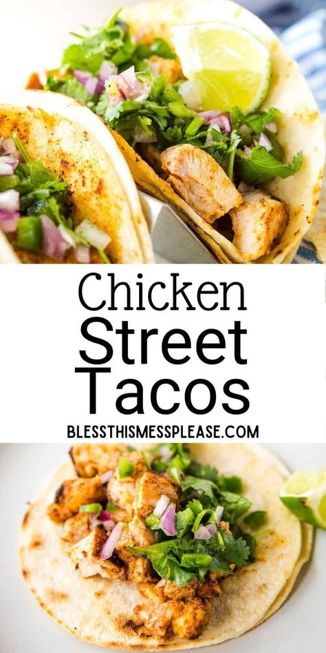 Chicken Street Tacos that are easy, delicious, and made at home. They combine flavorful chicken in corn tortillas, with lots of toppings. #chicken #tacos #homemade Street Tacos Recipe Chicken, Street Tacos Chicken, Chicken Street Tacos, Street Taco Recipe, Chicken Taco Recipes, Street Tacos, Taco Recipes, Corn Tortillas, Chicken Tacos