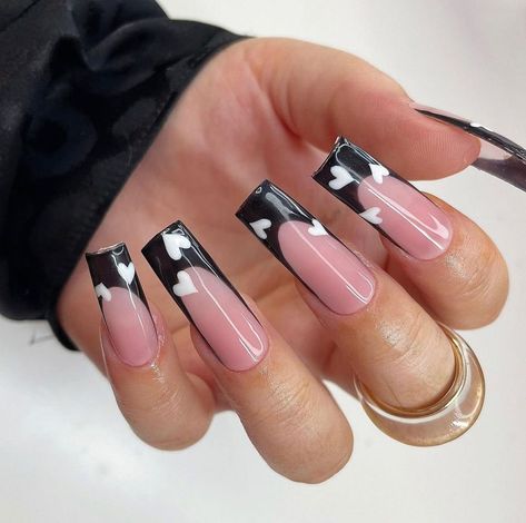 Nail Blocks on Instagram: “Choose your favorite 💗 Nail Artists : @kelseymarchnails For more beautiful nails check @nailblocks Tags: #nail_me_good #nailtechlife…” Nail French Tip Designs Black, Blk French Tip Nails, Black French Tip Nails Coffin Long, Black Valentines Nail Designs, Unique Black Nail Designs, Black Nails Red Design, Black French Design Nails, Black French Tip Nails With Heart, Cute Black Nails Ideas French Tips