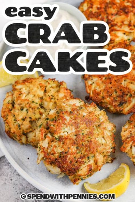 Crab cakes are so delicious when they are made with this easy recipe! Every bite of crab cake has tender pieces of crab loaded with herby goodness. Pan fry or air fry these homemade crab cakes in minutes, for a tasty appetizer, a light dinnertime entree, or to top a salad. #crabcakes #crabcakesrecipe #crabcake #spendwithpennies Crab Cake Recipe Easy, Crab Cakes Recipe Best, Easy Crab Cakes, Crab Cake Bites, Homemade Crab Cakes, Crab Cakes Easy, Crab Cake Recipes, Mushroom Recipes Healthy, Crab Dishes