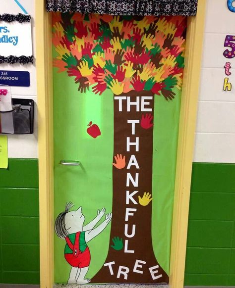 Thanksgiving- "The Giving Tree" Thanksgiving Classroom Door, Room Door Ideas, Fall Classroom Door, Thanksgiving Door Decorations, Preschool Door, Halloween Classroom Door, Classroom Door Decor, Door Decoration Ideas, Thanksgiving Bulletin Boards