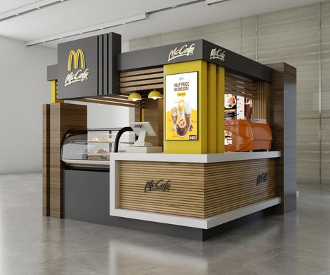 McDonald's Kiosk Design on Behance Food Stand Design, Food Stall Design, Mall Kiosk, Starbucks Design, Bar Counter Design, Food Kiosk, Exhibition Stall Design, Door Design Images, Small House Elevation Design