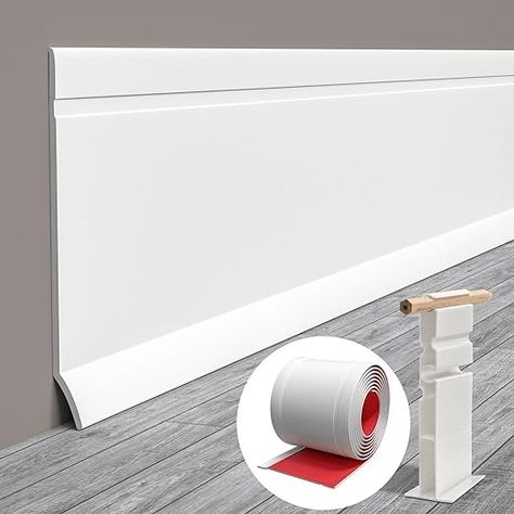 Pluden Flexible Baseboard Molding Trim, 4 Inch(W) x 20 Feet(L) Self Adhesive Vinyl Wall Base Cove Base, Peel and Stick Rubber Wall Moulding Trim Comes with a Scriber… - Amazon.com Vinyl Baseboard Trim, Pvc Baseboard Trim, Walls Without Baseboards, Wall Baseboard Ideas, Cheap Baseboard Ideas, Base Board Trim, Castle Basement, Cove Moulding, Rubber Molding