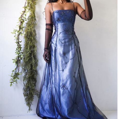 Vintage 90's Ombré Beaded Overlay Gown Blue Grad Dress, Leavers Ball Dresses, Blue Grad Dresses, Blue Formal Dresses, 90s Prom Dresses, Prom Dress Inspo, Deb Dresses, Blue Dress Formal, Beaded Tulle