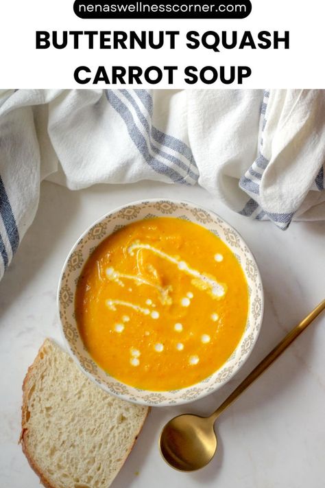 This creamy butternut squash and carrot soup is spiced with ginger, turmeric, and coriander for a warm, flavorful dish. Easy to make, healthy, and perfect for cozy meals! Butternut Squash Carrot Soup, Squash Carrot Soup, Butternut Squash And Carrot Soup, Squash And Carrot Soup, Wellness Corner, Easy Butternut Squash, Ginger Turmeric, Carrot Soup, Cozy Meals