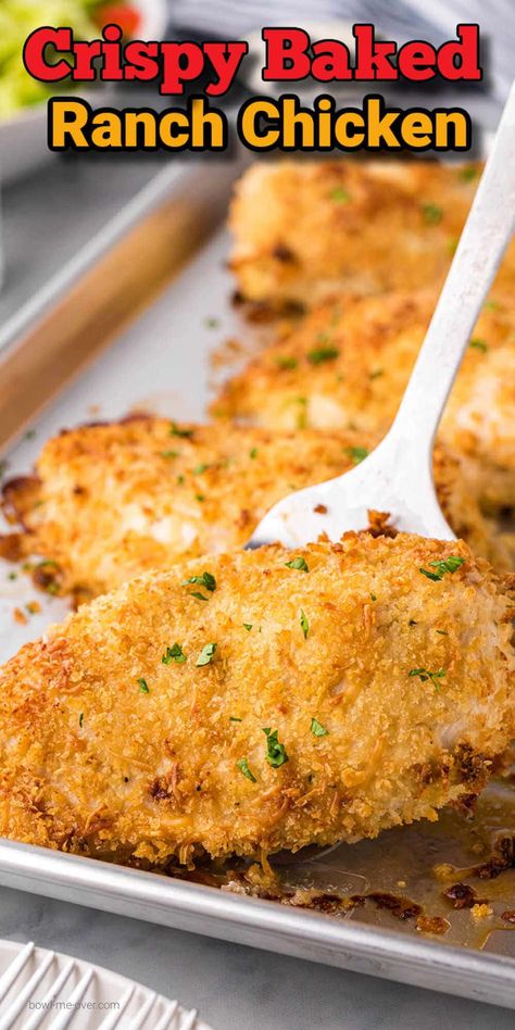 Crispy Baked Ranch Chicken, Breaded Ranch Chicken Baked, Easy Chicken Tender Dinner, Crispy Ranch Chicken Tenders, Oven Baked Ranch Chicken Tenders, Crispy Chicken In The Oven, Chicken Breast Ranch Recipes, Ranch Chicken Thigh Recipes, Easy Bake Chicken Recipe