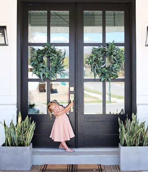 Jazz up your entryway with french doors and lots of fresh greenery. Snake plants can live through anything. Trim Windows, House Finishes, Louvre Doors, Front Door Inspiration, Front Door Styles, Beautiful Front Doors, Black Front Doors, Farmhouse Front Door, Summer Front Porches