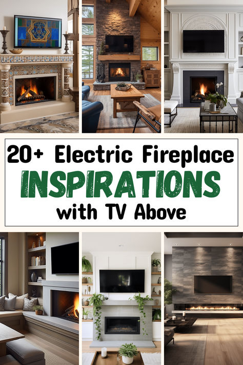 Collage of electric fireplace ideas with TVs above, highlighting diverse design aesthetics for the home. Basement Electric Fireplace With Tv, Mantel Above Tv, Wall Mounted Electric Fireplace Ideas Shiplap, Fake Fireplace Ideas With Tv, Tv Above Electric Fireplace Ideas, Electric Fireplace Christmas Decor Ideas, Wall Mounted Electric Fireplace Under Tv, Tv Fireplace Wall Ideas Vaulted Ceiling, Gas Insert Fireplace Ideas With Tv Above