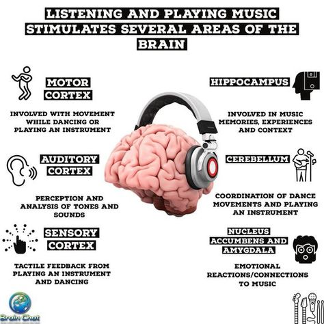 [Infographic] Listening and Playing Music... How Music Affects The Brain, Intro To Psychology, Health Awareness Poster, Music Medicine, Improve Brain Power, Brain Icon, Music And The Brain, Creating Music, Sound Science