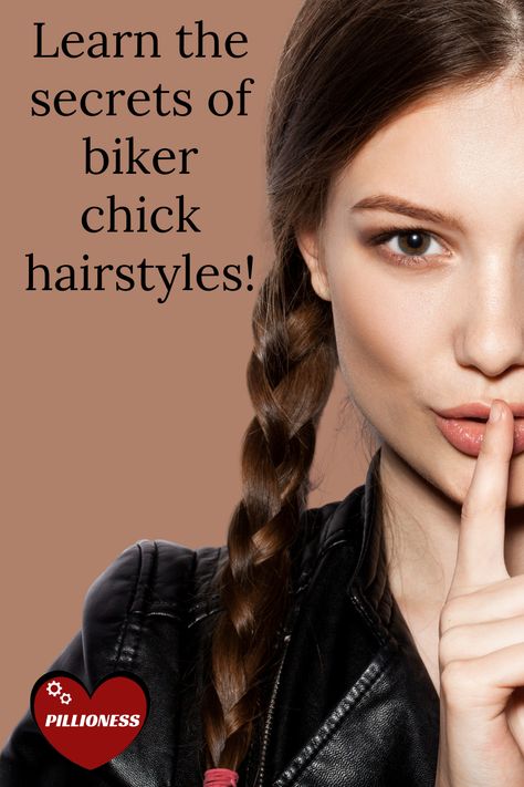 Biker chick style hairstyles made easy How To Style Hair For Motorcycle Helmet, Hairstyle For Riding Motorcycle, Cute Hairstyles For Motorcycle Riding, Harley Davidson Hair Styles For Women, Hairstyles For Riding A Motorcycle, How To Wear Your Hair On A Motorcycle, Cute Biker Hairstyles, Motorcyle Hair Ideas, Atv Riding Hairstyles