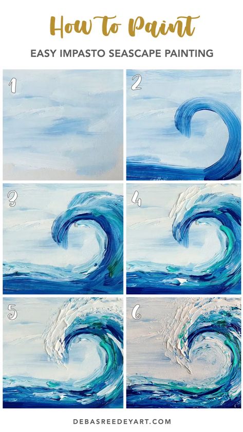 Easy Impasto Waves seascape painting - Debasree Dey Art Easy Wave Painting, How To Paint Waves Acrylic, Easy Ocean Painting, Wave Painting Abstract, Acrylic Ocean Painting, Wave Tutorial, Abstract Beach Painting, Ocean Wave Painting, Impasto Technique