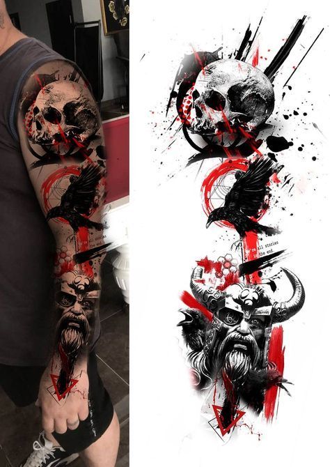 Skull Tattoos Leg Sleeve, Viking Trash Polka Tattoo, Trash Polka Arm Tattoo, Trash Polka Sleeve Tattoo, Trash Polka Tattoo Designs Sleeve, Polka Trash Tattoo Men, Trash Polka Tattoo Designs Ideas Art, Trash Polka Tattoo Designs For Men, Trash Polka Sketch