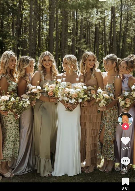 Oval With Side Stones, Floral Bridesmaid Dresses Mismatched, Boho Wedding Bridesmaid Dresses, Mixed Bridesmaid Dresses, Sage And Orange, Tan Bridesmaids, Bridesmaid Color Scheme, Wedding Party Dress Guest, Boho Wedding Bridesmaids