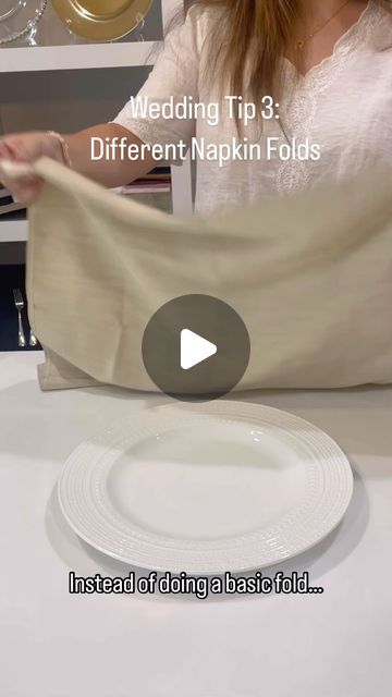 Waterford Event Rentals on Instagram: "Wedding tip #3 3️⃣  Instead of doing a classic tri fold on top, maybe try one of these options! It’s so fun to play around with different napkin folds!  Looking into a knot fold or menu fold can really spice up your table design!   Which fold is your favorite? Let us know!  #Waterford #WaterfordEventRentals #Wedding #WeddingInspo #WeddingIdeas #WeddingDesign #weddinginspiration #WeddingPhotography #Engaged #Engagement #Love #WeddingHack #WeddingTip #WeddingTips" Wedding Menu Napkin Fold, Wedding Napkin Knot, Unique Table Setting Ideas, Easy Wedding Napkin Folds, Simple Wedding Napkin Folds, Napkin Folding For Wedding, Knotted Napkin Fold, Knotted Napkin Wedding, Folding Wedding Napkins