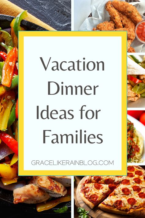 Most vacation rental homes have a full kitchen so that you can prepare meals for your family while you are on vacation. We’re sharing the best vacation dinner ideas that will get dinner on the table in a hurry. We will tell you exactly what to serve for dinner on family vacation so that you can relax. This dinner guide is great for big families or families with children. | What to serve for dinner on vacation | what to serve for dinner for large family | Vacation rental dinner menu ideas Dinner For Large Family, Vacation Dinner Ideas, Large Family Dinner Ideas, Family Vacation Meals, Beach Vacation Meals, Dinner Ideas For Families, Easy Vacation Meals, Vacation Meal Planning, Quick Dinner Options