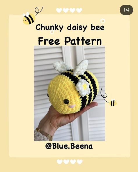 chunky daisy bee free pattern Yarn Bee Crochet Patterns Free, Tiktok Crochet Patterns, Crochet Chunky Bee Pattern Free, Crochet Jumbo Bee Pattern Free, Chunky Bee Crochet, Crochet Patterns Bee, Crochet Bees Pattern, Bee Pattern Crochet, Chunky Crochet Amigurumi Free Pattern