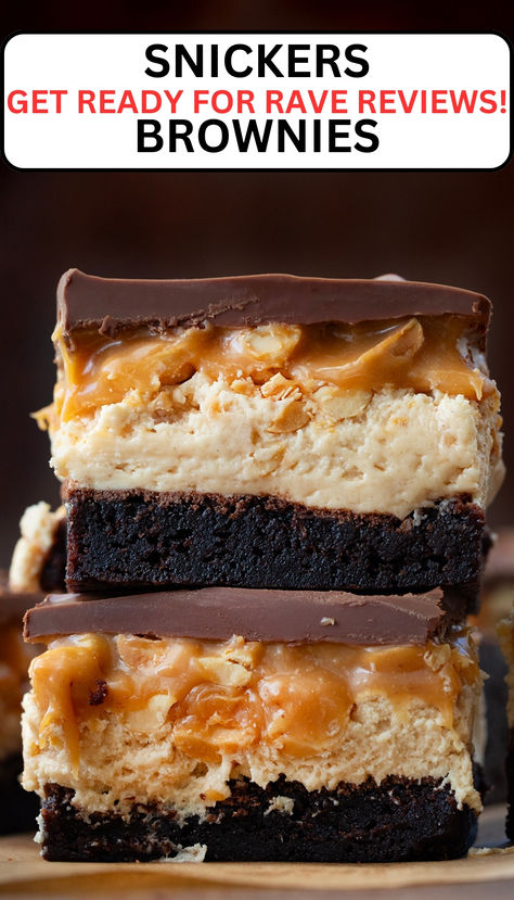 two brownies are in a stack Snickers Brownies, Snicker Brownies, Easy Impressive Dessert, Snickers Candy Bar, Snickers Candy, Retro Desserts, Layered Dessert, Gooey Caramel, Caramel Desserts