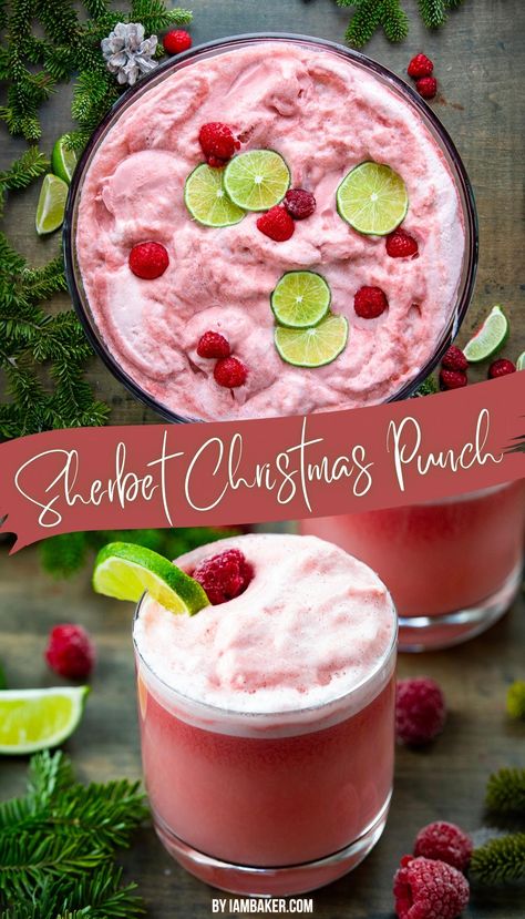 One image shows an overhead view of a bowl of sherbet christmas  punch. The second image shows a glass of punch on a wooden countertop with raspberries and lime wedges around it. Holiday Punch With Sherbert, Christmas Slush Alcohol, Holiday Punch With Sherbet, Christmas Punch Sherbet, Christmas Slush Recipes Non Alcoholic, Sherbet Christmas Punch, Holiday Sherbet Punch, Christmas Punch Recipes With Sherbert, Christmas Punch Sherbert